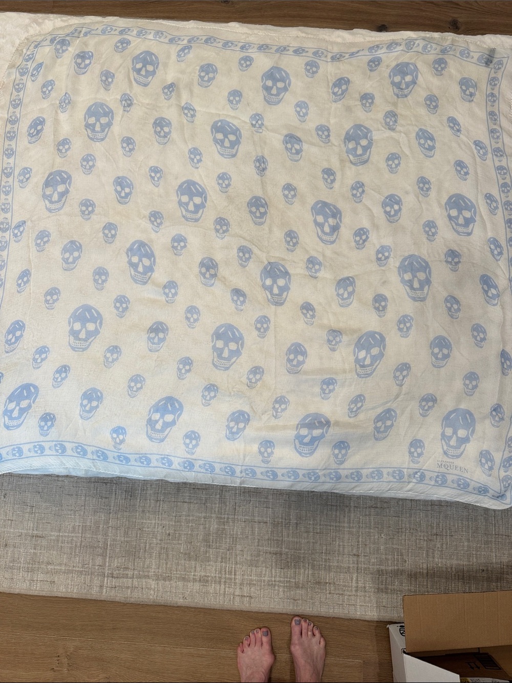 Alexander McQueen Cream Scarf with Light Blue Skull Pattern